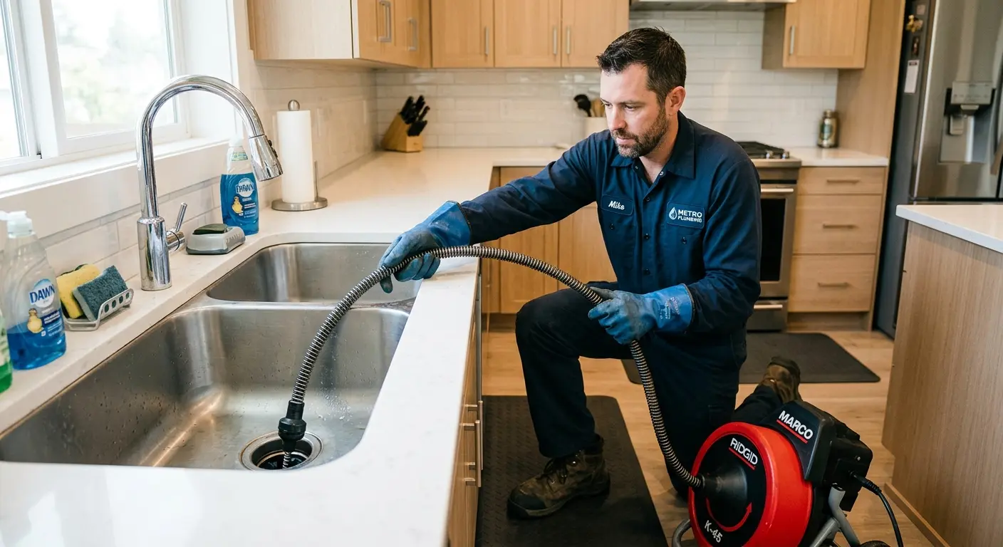 Drain cleaning technician using a motorized snake on a kitchen sink in Antioch