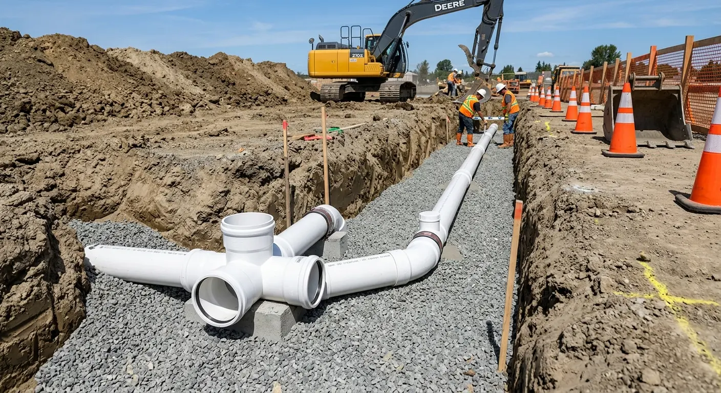 New PVC sewer pipe installation in open trench for Grease Trap Cleaning in Antioch