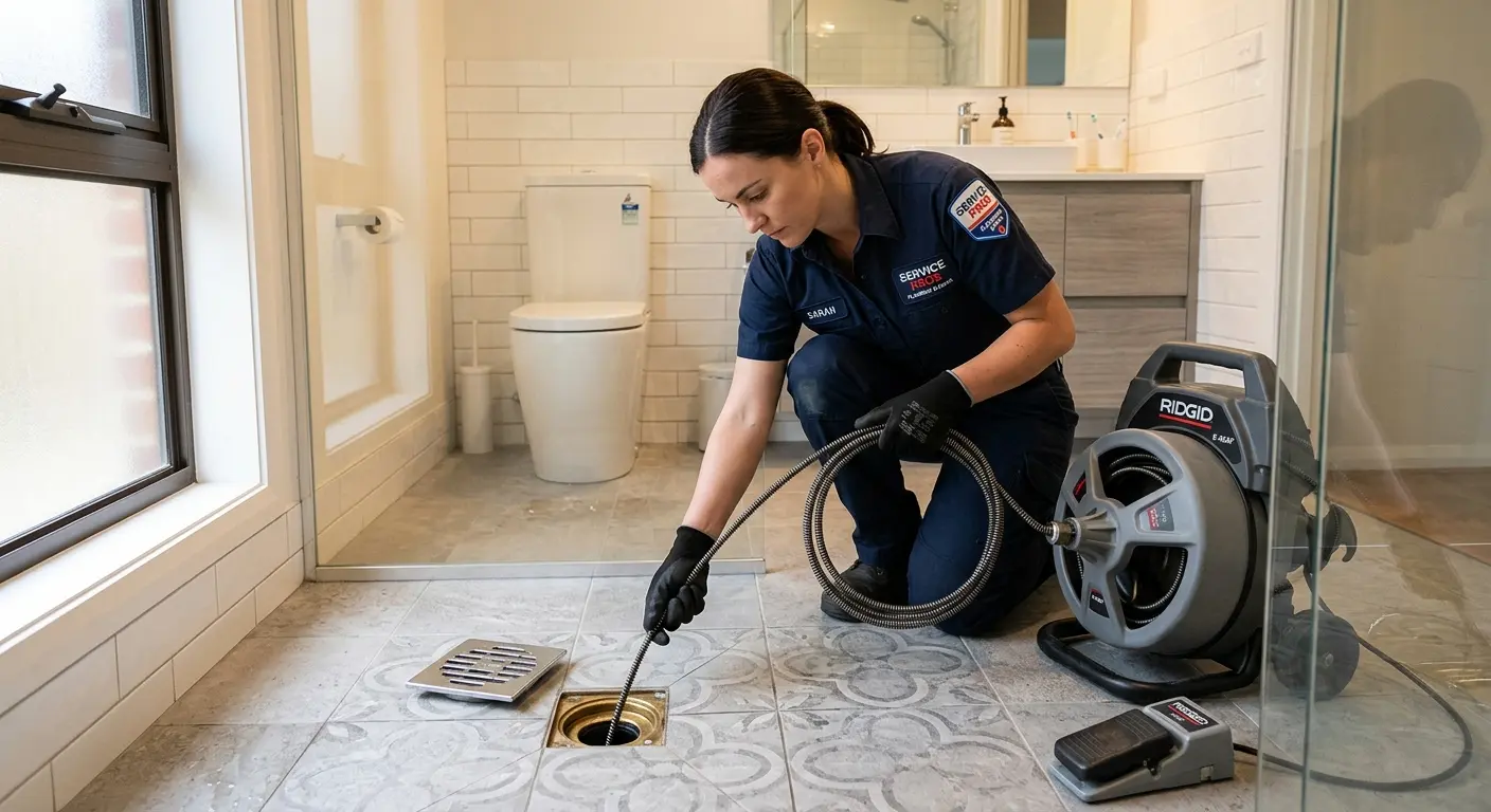 Technician clearing a bathroom floor drain for Drain Repair in Antioch